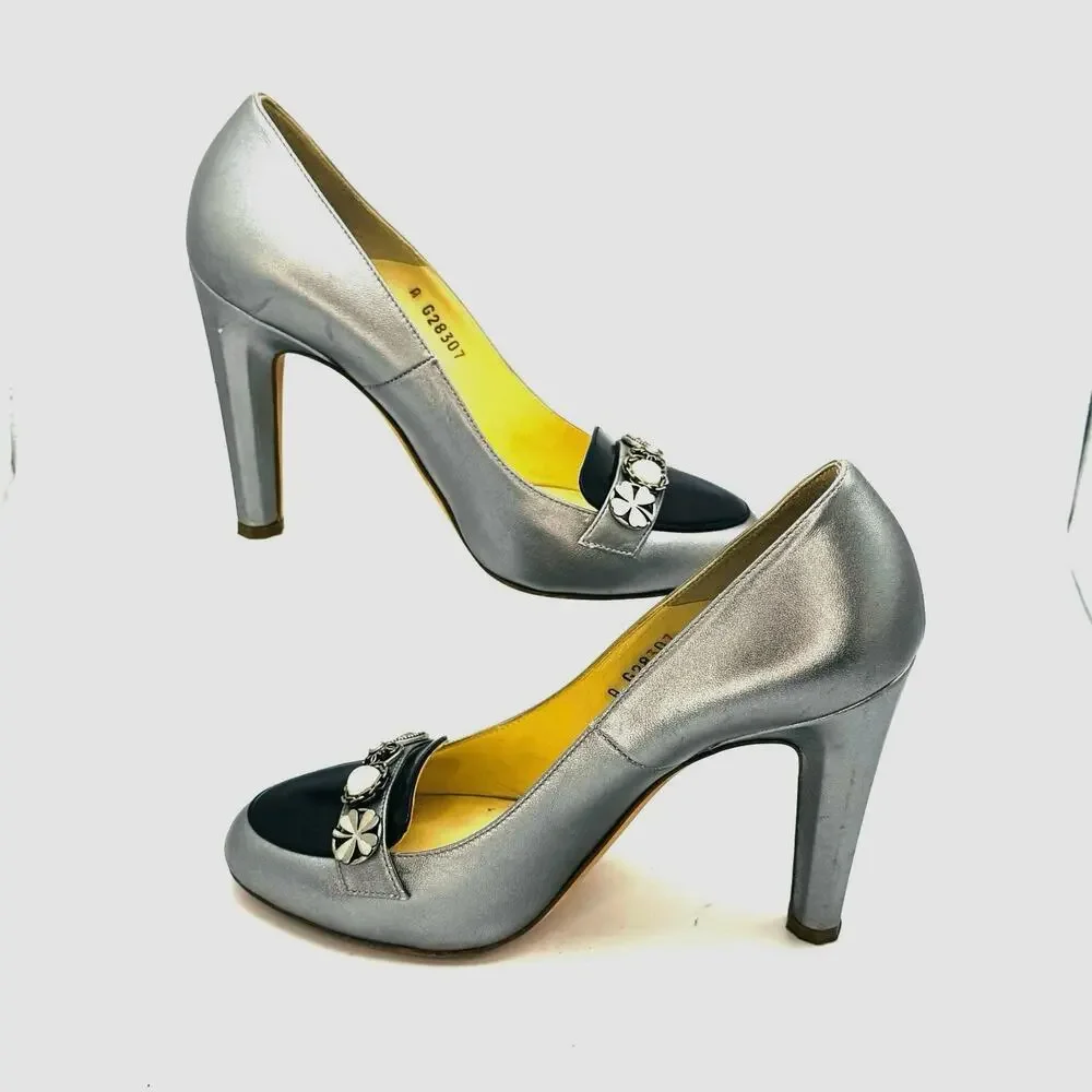 Chanel  CC Logo Cap Toe Heels Silver Black Pearl Crest Embellished Pumps EU 39